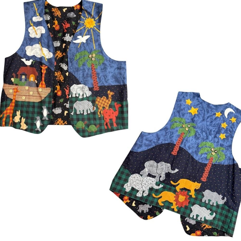 Vtg Handmade Craftcore Noahs Ark Plaid Patchwork Reversible Vest XL Folk Art